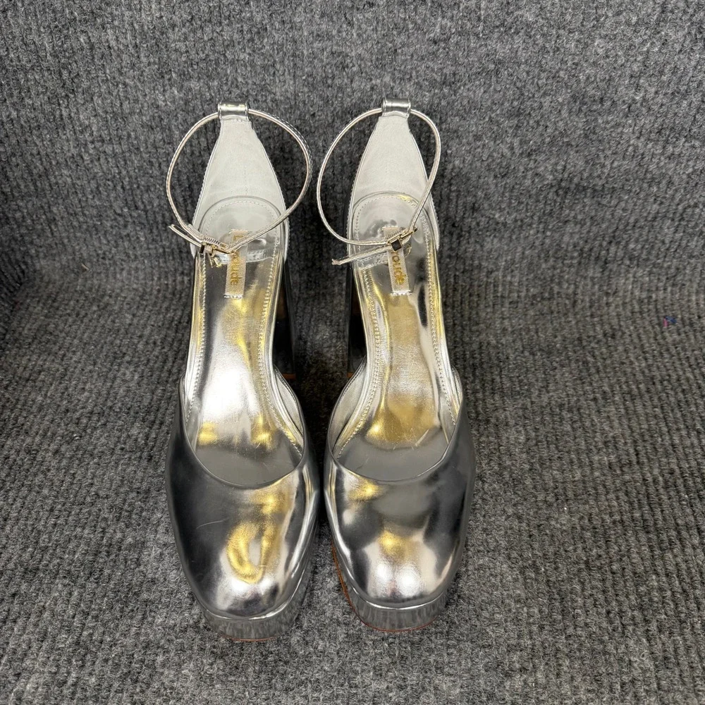 Larroude Ari Platform Pumps Womens 10 Silver Block Heels Strap Retro Handmade